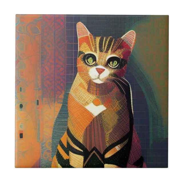 Cat moroccan mosaic abstract art portrait kitty  tile (Front)