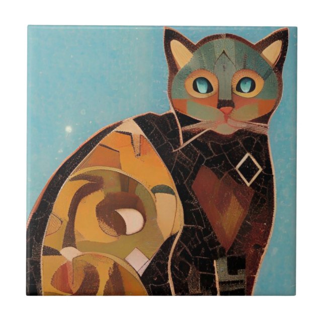 Cat moroccan mosaic abstract art teal kitty voices tile (Front)