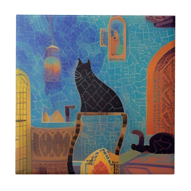 Cat moroccan mosaic colourful abstract art kitty  tile (Front)