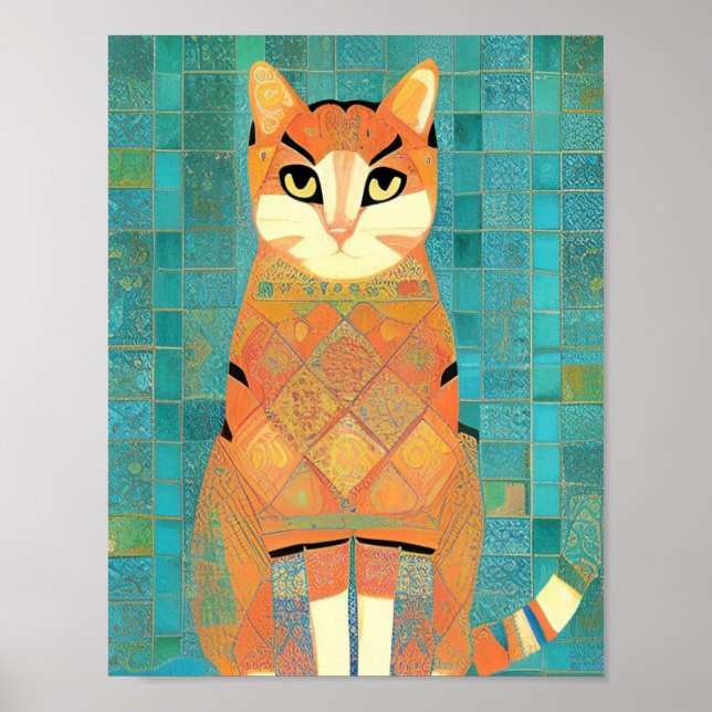 Cat moroccan mosaic ginger on turquoise background poster (Front)