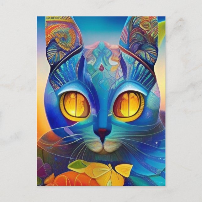 Cat mosaic blue colourful abstract kitty voices  postcard (Front)