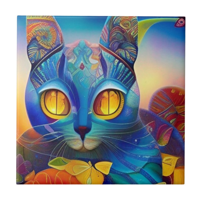 Cat mosaic blue colourful abstract kitty voices tile (Front)