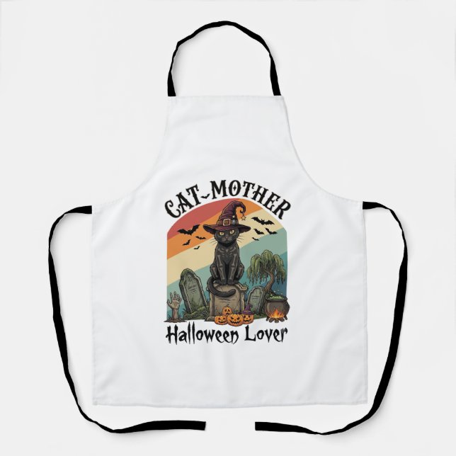 Cat Mother Halloween Lover Black Witch Hat Pumpkin Apron (Front)