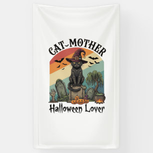 Cat Mother Halloween Lover Black Witch Hat Pumpkin Banner