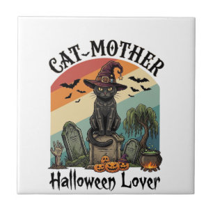 Cat Mother Halloween Lover Black Witch Hat Pumpkin Tile