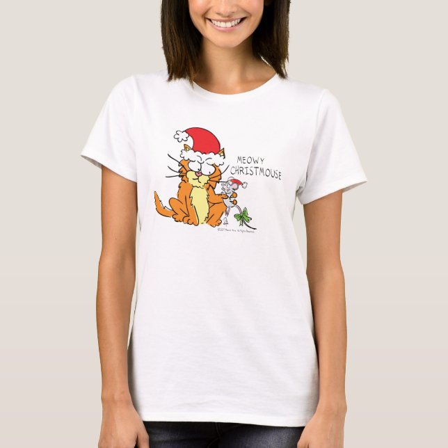 Cat Mouse Christmas Funny Cartoon Cute T-Shirt (Front)