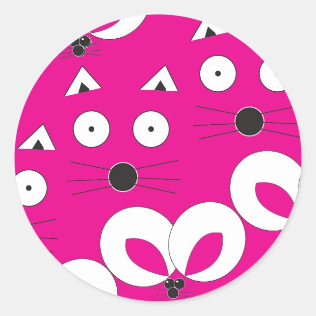Cat Mouse Pattern Hot Pink Classic Round Sticker (Front)