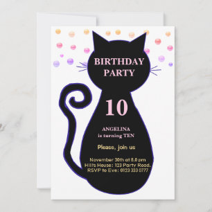 Cat & Multicolored Confetti Birthday Invitation