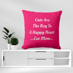 Cat Mum Cats Are Key To A Happy Heart Funny Pink Cushion<br><div class="desc">Celebrate your love for cats with the "Cat Mum Cats Are Key To A Happy Heart Funny Pink Throw Pillow." Perfect for cat lovers, this charming pillow combines humour and warmth to brighten any space. Cosy up with this delightful addition today! Use the design tool to personalise your unique style....</div>