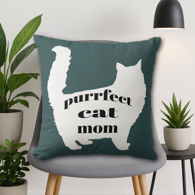 Cat Mum Cushion (Modern forest green pillow with white cat silhouette and “Purrfect Cat Mom” text, cozy home décor.)