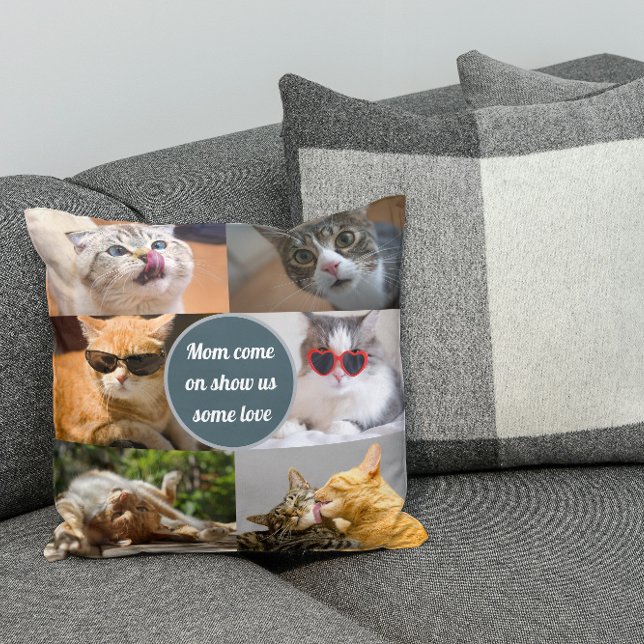 Cat Mum Cute Modern Personalised Pet Photo Collage Cushion (Creator Uploaded)