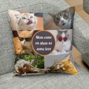 Cat Mum Cute Modern Personalised Pet Photo Collage Cushion