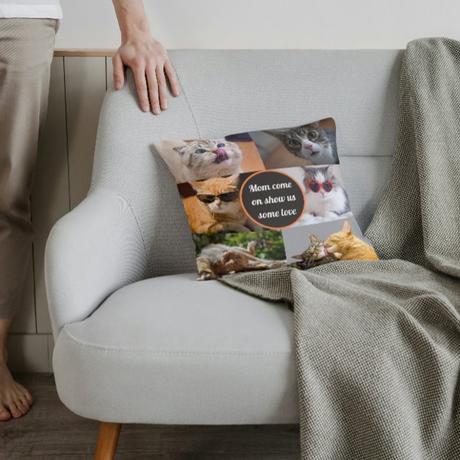 Cat Mum Cute Modern Personalised Pet Photo Collage Cushion (Creator Uploaded)