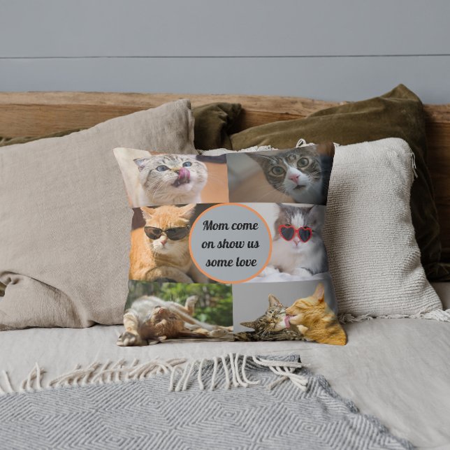 Cat Mum Cute Modern Personalised Pet Photo Collage Cushion (Creator Uploaded)