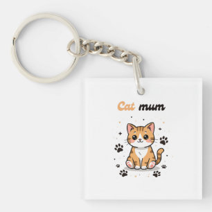 Cat Mum – Cute Orange Tabby Cartoon with Paw Print Key Ring