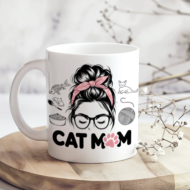 "Cat Mum" Funny Cute Cat Lover Women Coffee Mug ("Cat Mom" Funny Cute Cat Lover Women Coffee Mugon a sunny boho kitchen table with tiny dry flowers)