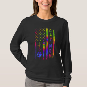 Cat Mum Heartbeat Tie Dye American Us Flag For Mot T-Shirt