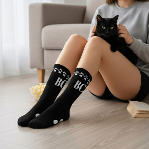 Cat Mum Monogram Black and White Paw Print Socks