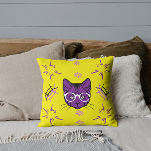 Cat Mum Pet Lover Modern Cute Purple Bright Yellow Cushion