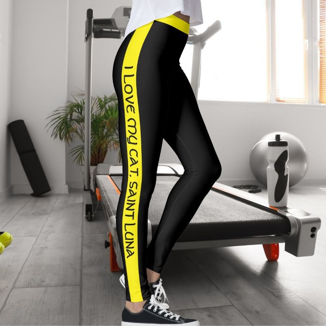 Cat Mum Pet Lover Script Text Yellow Stripes Black Leggings (Creator Uploaded)