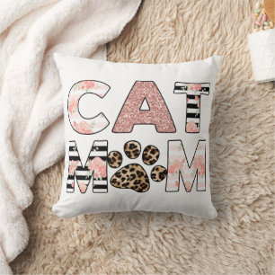 Cat Mum Pink Floral & Leopard Paw Cushion