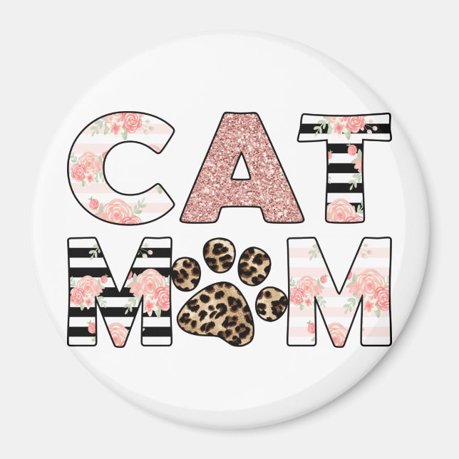 Cat Mum Pink Floral & Leopard Paw Magnet (Front)