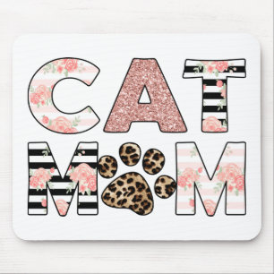 Cat Mum Pink Floral & Leopard Paw Mouse Pad