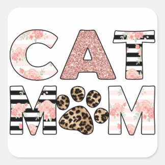 Cat Mum Pink Floral & Leopard Paw Square Sticker