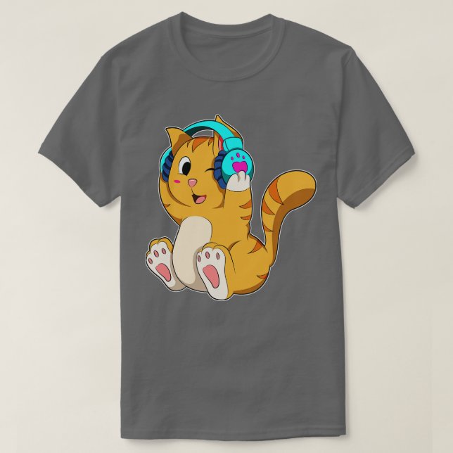 Cat Music with Headphone T-Shirt (Design Front)
