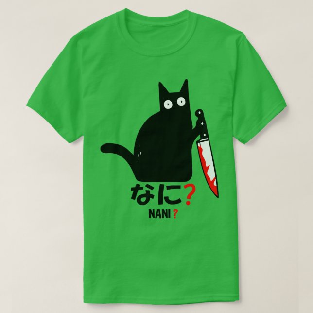Cat Nani Murderous Black Cat With Knife Halloween  T-Shirt (Design Front)