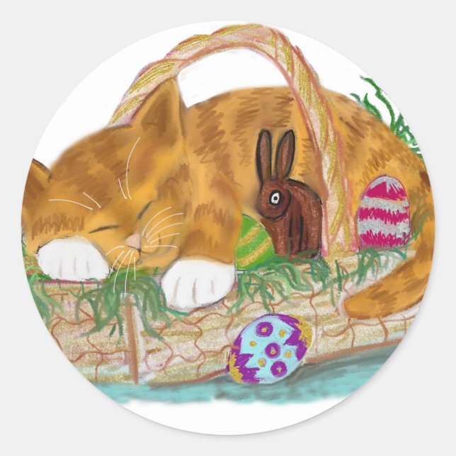 Cat Nap in an Easter Basket Classic Round Sticker (Front)
