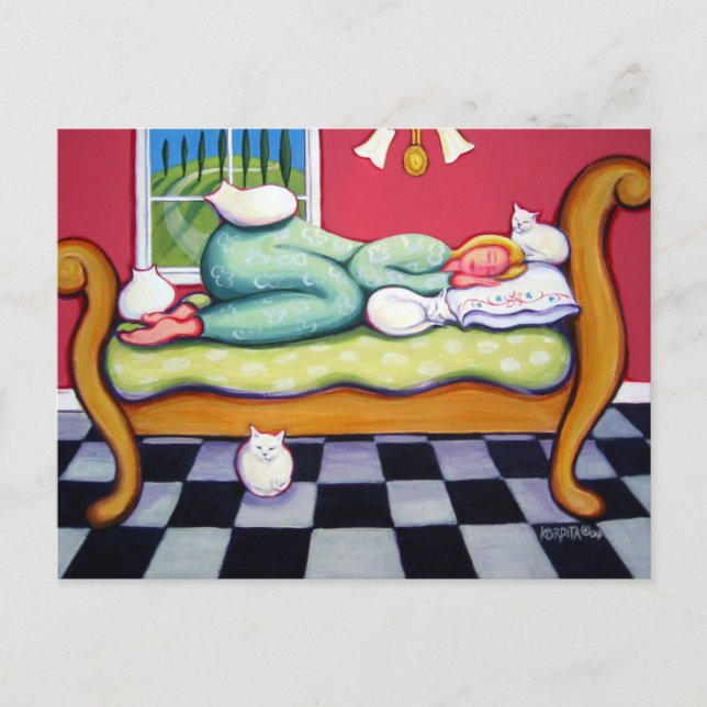 Cat Napping - A Women Naps with her White Cats Postcard (Front)