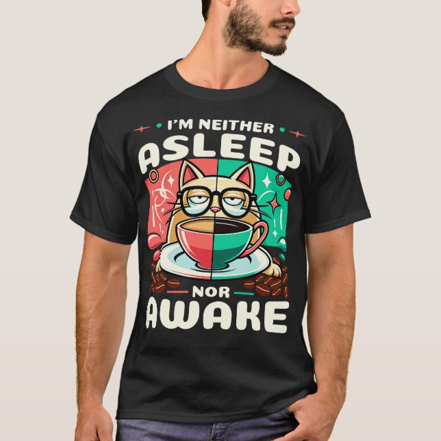Cat Napping in Coffee Cup Humourous Tee for Cat an (Front)