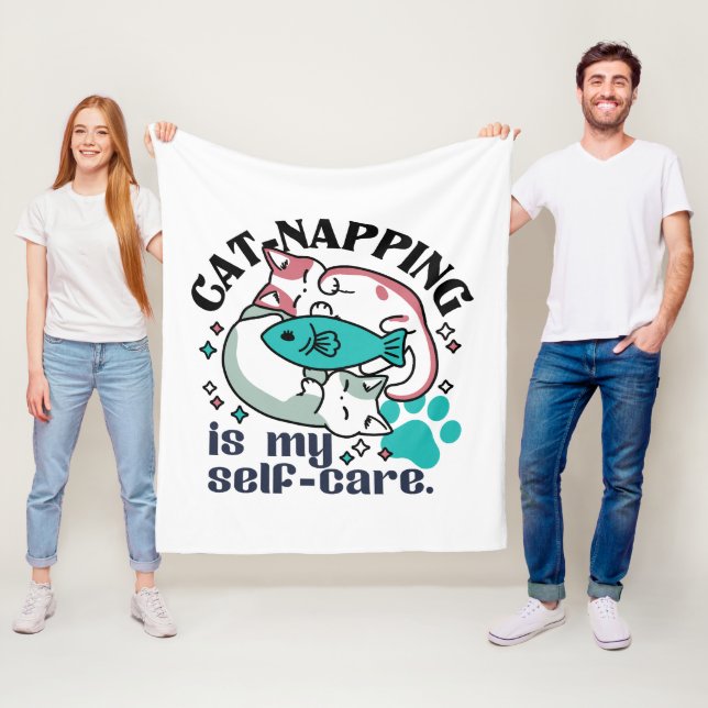 Cat-Napping Is My Self-Care: Cute Sleepy Cats Fleece Blanket (In Situ)