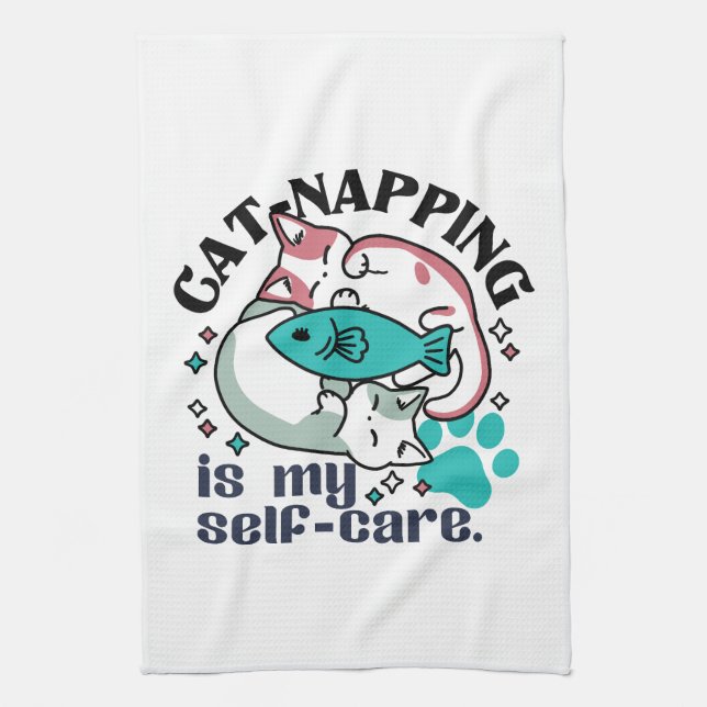 Cat-Napping Is My Self-Care: Cute Sleepy Cats Tea Towel (Vertical)
