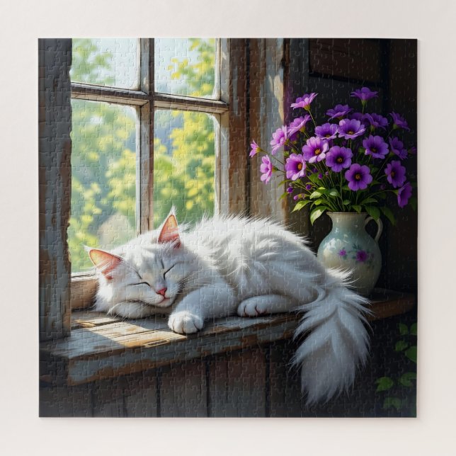Cat Napping on the Window Sill | Purple Flowers Jigsaw Puzzle (Vertical)