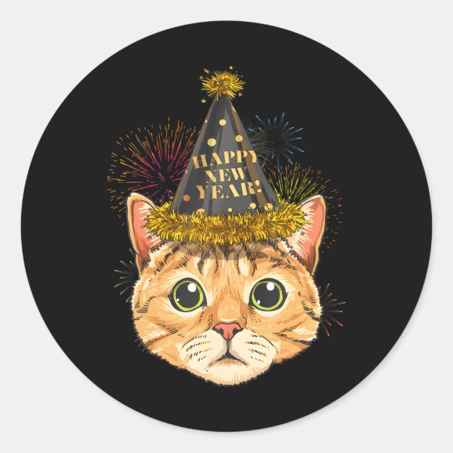 Cat New Year 2024 Happy New Years Eve NYE Classic Round Sticker (Front)
