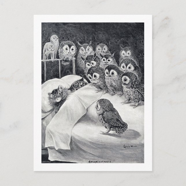 Cat Nightmare Owl Bird, Louis Wain Postcard (Front)