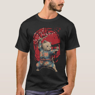 Cat Ninja behind japanese sakura tree and sunset T-Shirt