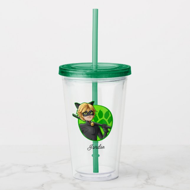 Cat Noir Green Badge Acrylic Tumbler (Front)