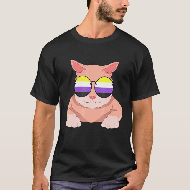 Cat Nonbinary Flag Sunglasses Lgbt Pride Non Binar T-Shirt (Front)