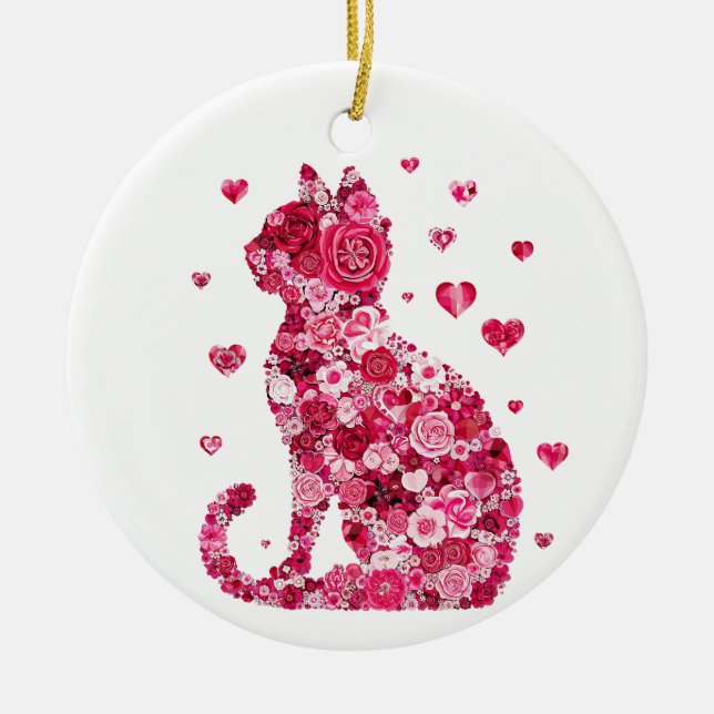 Cat of Roses Ceramic Tree Decoration (Front)