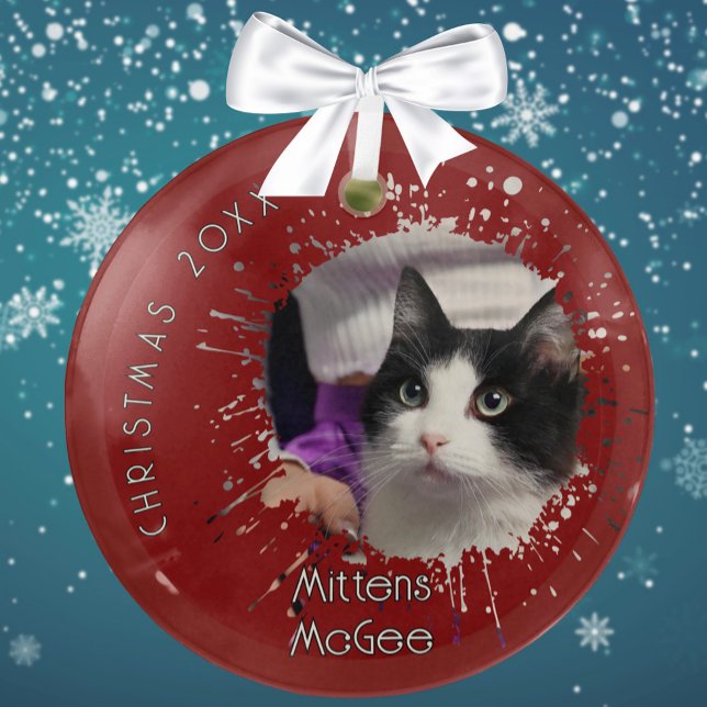 Cat on 2025 Red Splatter Pattern Christmas Glass Tree Decoration (Creator Uploaded)