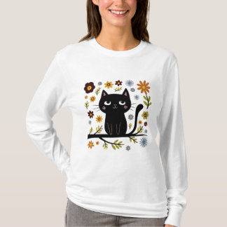 Cat On a Branch Drawing Long Sleeve T-Shirt