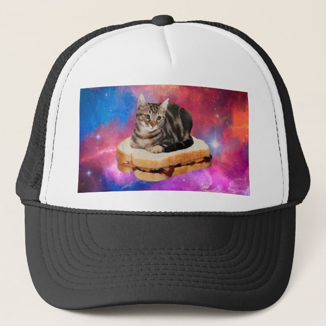 Cat on a bread flying in space trucker hat (Front)