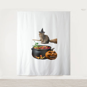 Cat on a broomstick on Halloween. Classic T-Shirt Tapestry