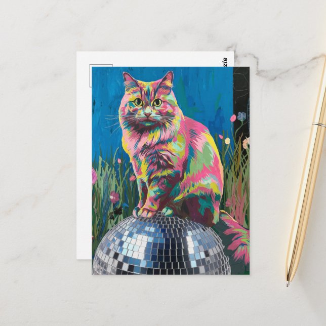 cat on a disco ball postcard (Front/Back In Situ)