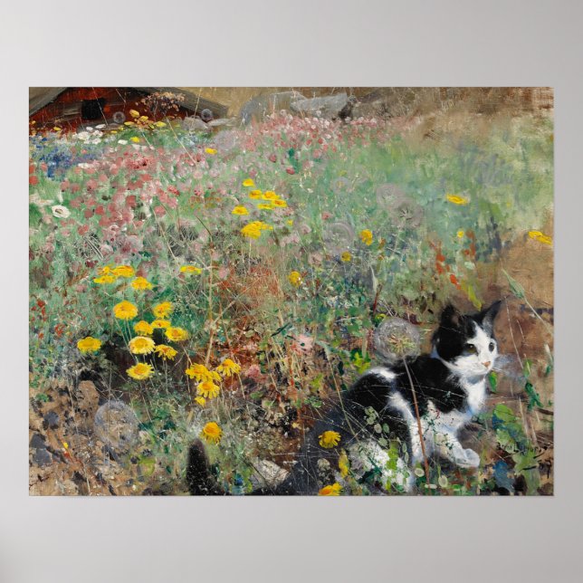 Cat on a Flowery Meadow, Bruno Liljefors Poster (Front)