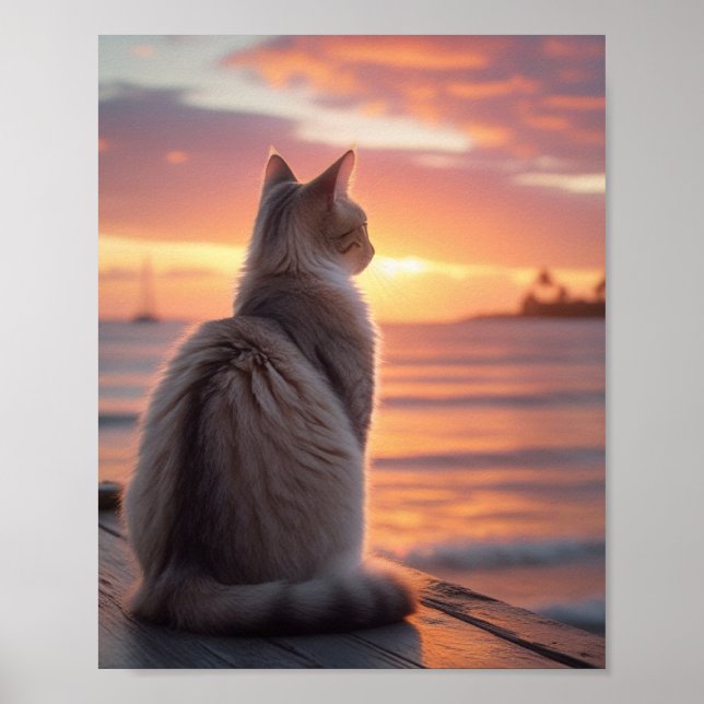 Cat on a Pier with a Sunset and Oceanic Backdrop Poster (Front)