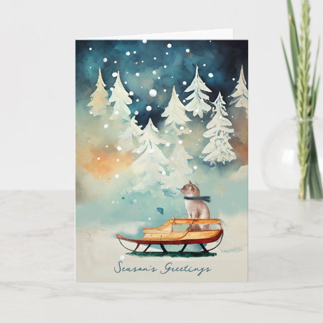 Cat on a Sled Snow Scene Christmas Card (Front)